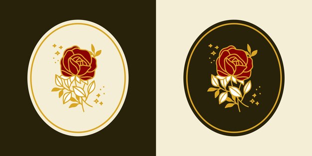手描きのヴィンテージ植物のバラの花のロゴのテンプレートとフェミニンな美しさのブランド要素コレクション プレミアムベクター 手描きのヴィンテージ植物のバラの花のロゴのテンプレートとフェミニンな美しさのブランド要素コレクション プレミアムベクター