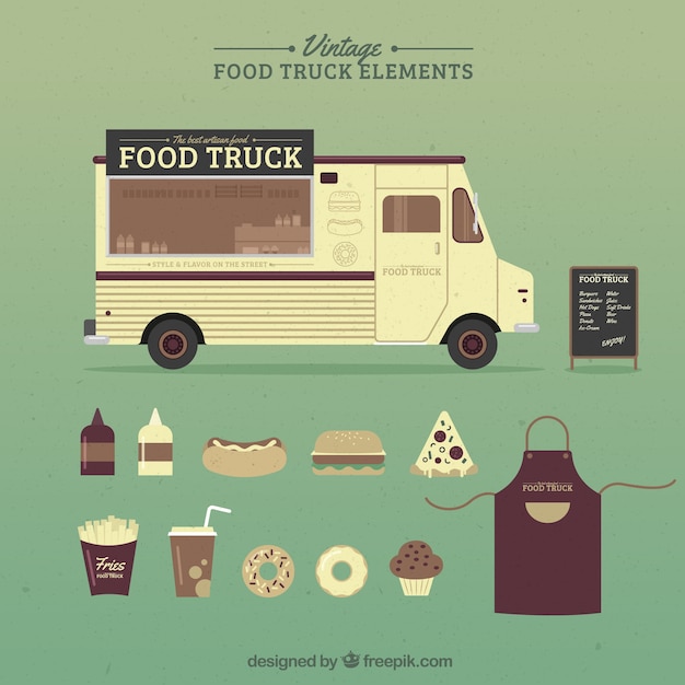Free vector hand drawn vintage food truck and accessories