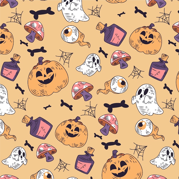 Vettore gratuito disegno del modello di halloween vintage disegnato a mano