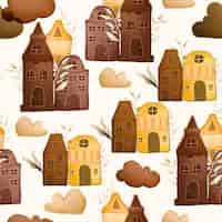 Free vector hand drawn vintage house and leaves watercolor seamless pattern