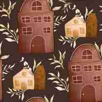 Free vector hand drawn vintage house and leaves watercolor seamless pattern