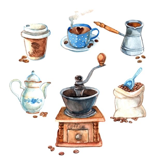 Рисованные старинные акварельные кофейные сервизыŒ