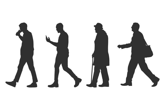 hand drawn walking silhouette set