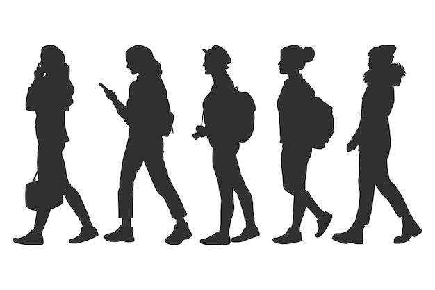 hand drawn walking silhouette set