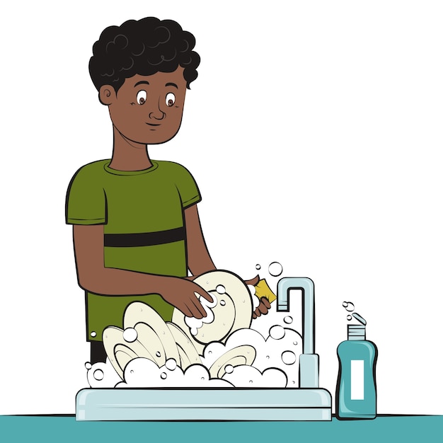 Hand drawn washing dishes cartoon illustration