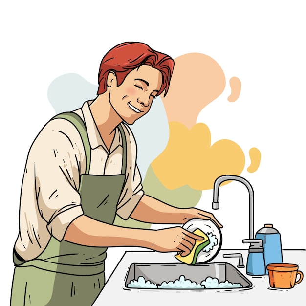 Free vector hand drawn washing dishes cartoon illustration