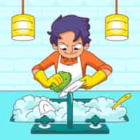 Бесплатное векторное изображение Иллюстрация мультфильма о мытье посуды, нарисованная вручную