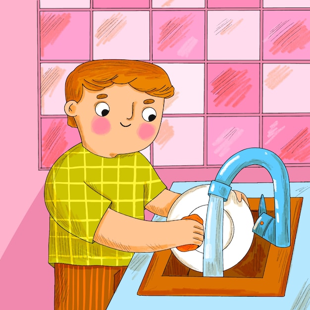 Hand drawn washing dishes cartoon illustration