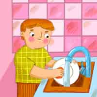 Free vector hand drawn washing dishes cartoon illustration