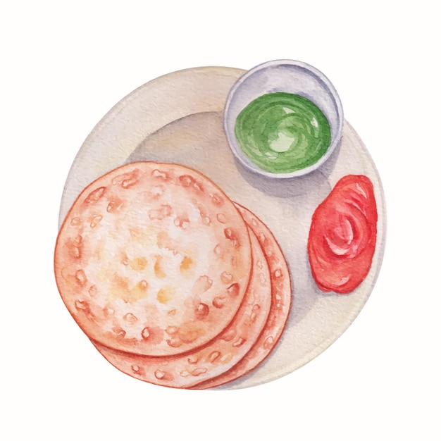 Hand drawn watercolor alu paratha with chutny