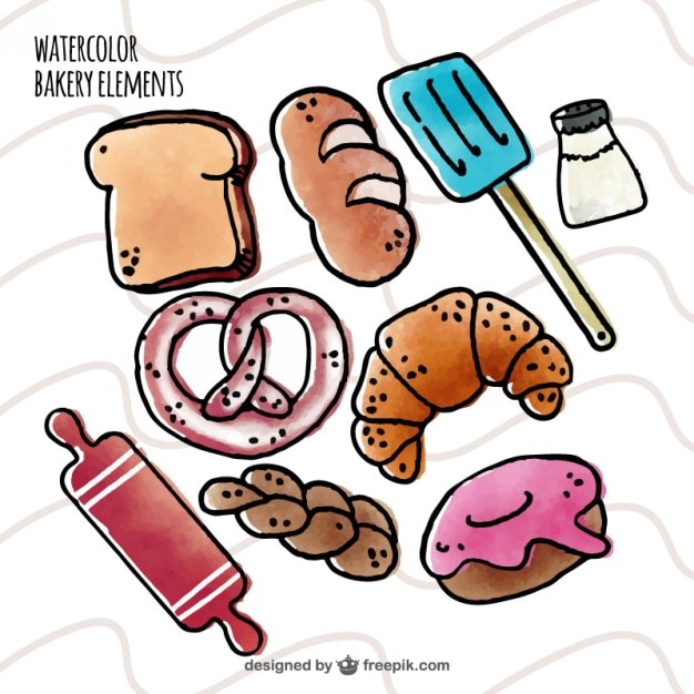 Free vector hand drawn watercolor bakery elements