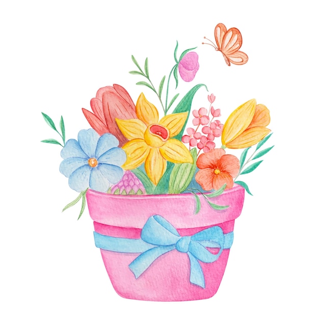 Free vector hand drawn watercolor basket of flowers