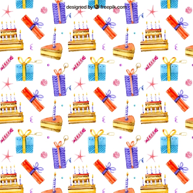 Free vector hand drawn watercolor birthday cake and gifts pattern