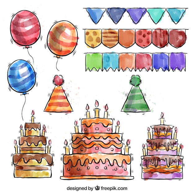 Free vector hand drawn watercolor birthday pack