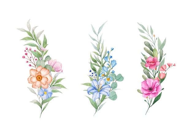 Hand drawn watercolor botanical flower bouquet set