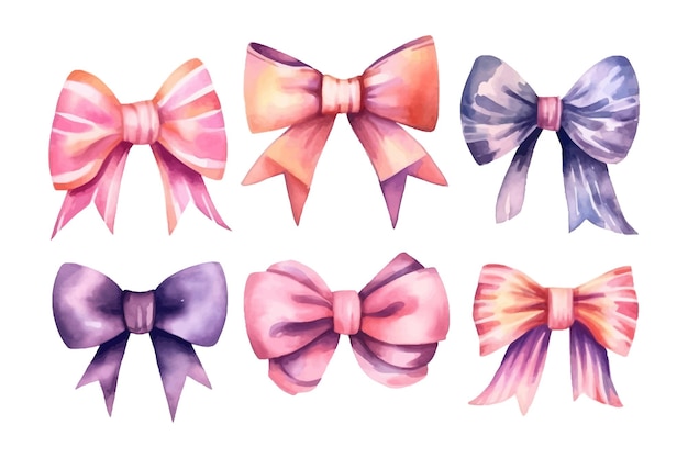 Hand drawn watercolor bows and ribbons