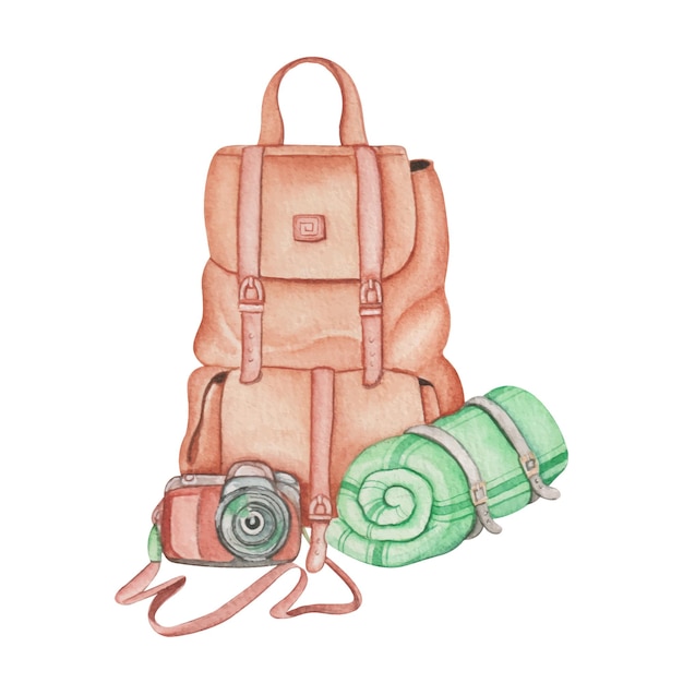 Hand drawn watercolor camping backpack with mat and camera