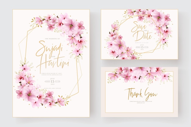 手描き水彩桜の招待カードテンプレート