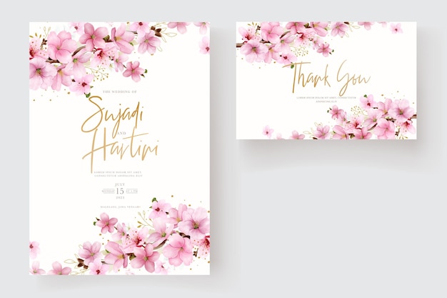 Hand drawn watercolor cherry blossom invitation card template