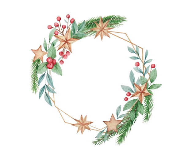 Hand drawn watercolor christmas wreath frame