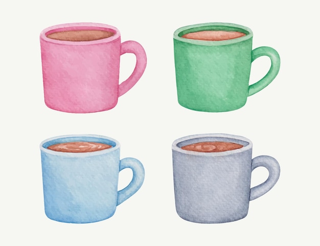 손으로 그린 수채화 커피 컵 컬렉션