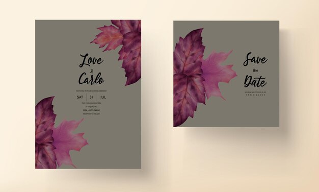 hand drawn watercolor dried leaves wedding invitation card