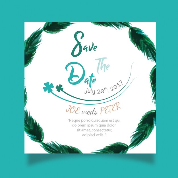 Free vector hand drawn watercolor feather wedding invitaion card