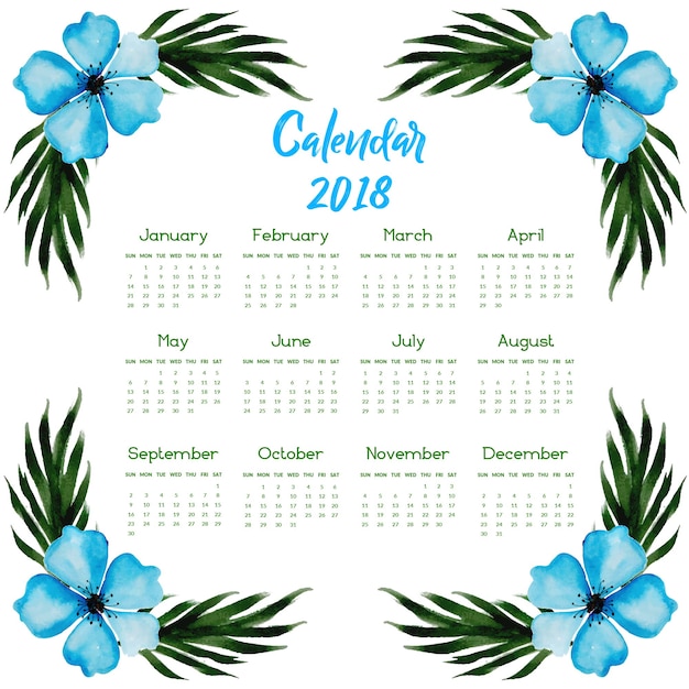 Hand drawn watercolor floral annual calendar 2018