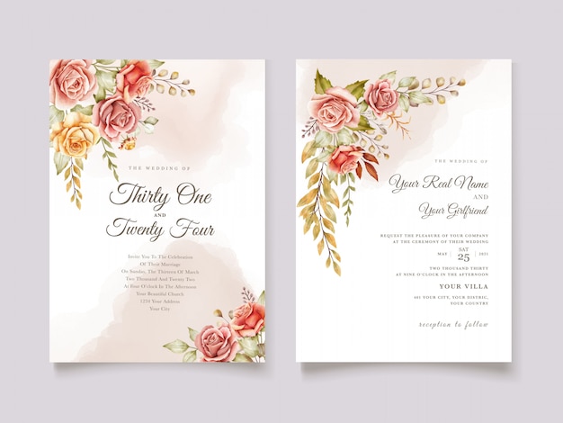 Hand drawn watercolor floral wedding card