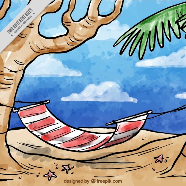 Free Vector hand drawn watercolor hammock on the beach background
