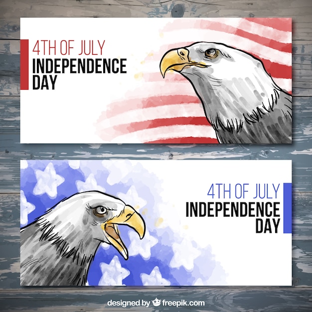 Free Vector hand drawn watercolor independence day banners with symbols