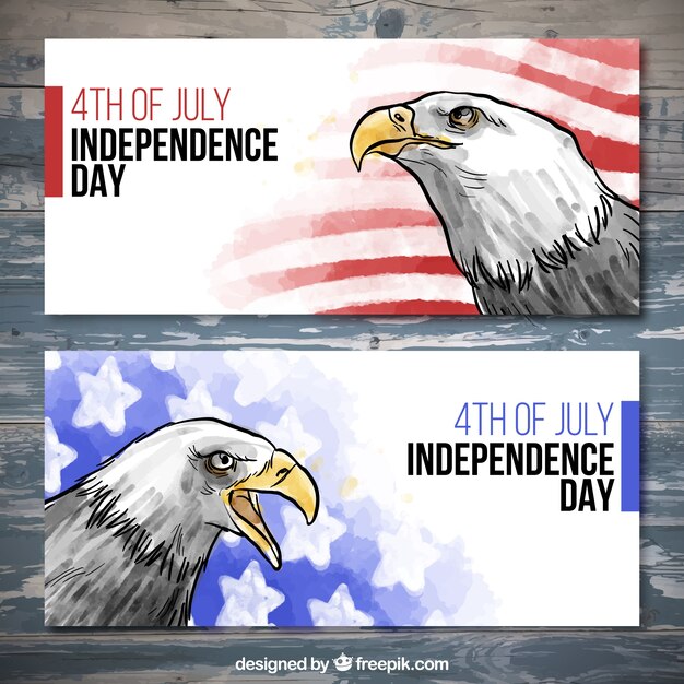 Hand drawn watercolor independence day banners with symbols