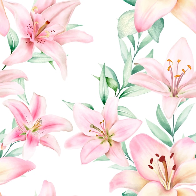 Hand drawn watercolor lily seamless pattern