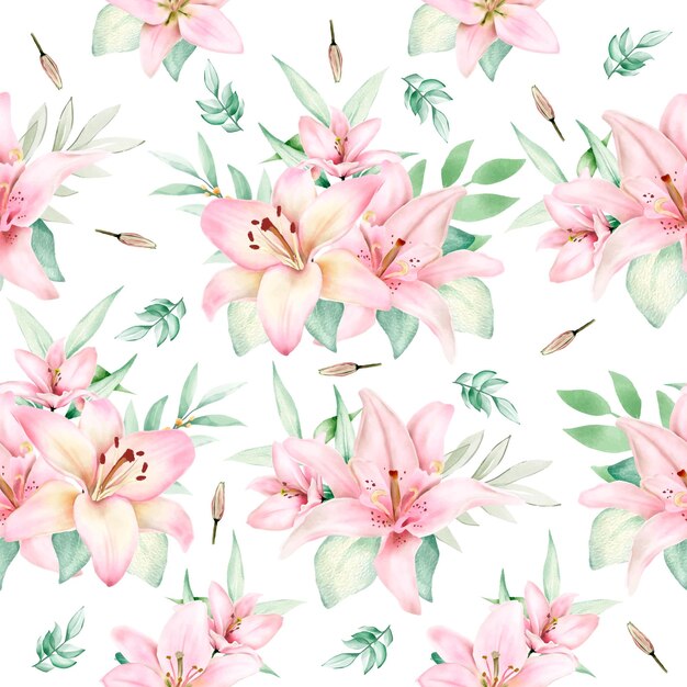 Hand drawn watercolor lily seamless pattern