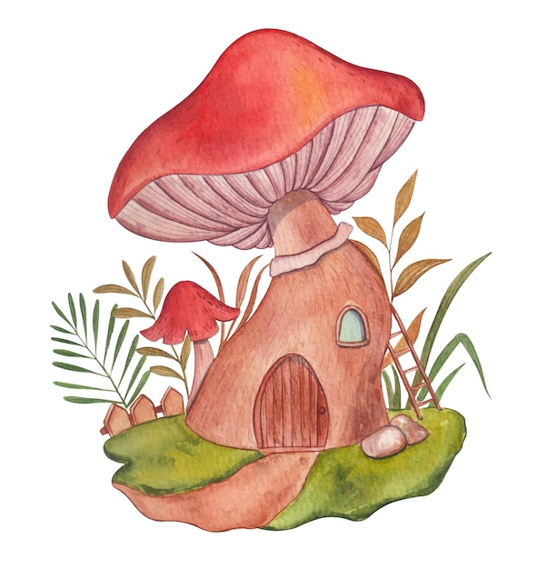 무료 벡터 손으로 그린 수채화 마법의 버섯 집