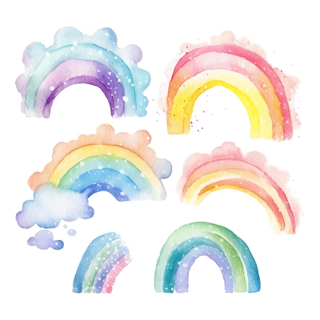 Hand drawn watercolor pastel color rainbows clipart