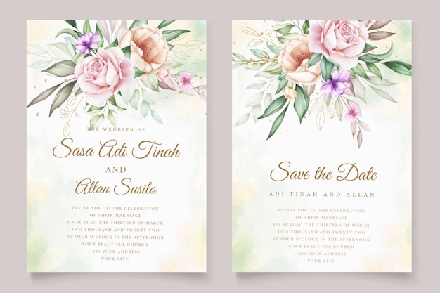 Hand drawn watercolor peonies invitation card set