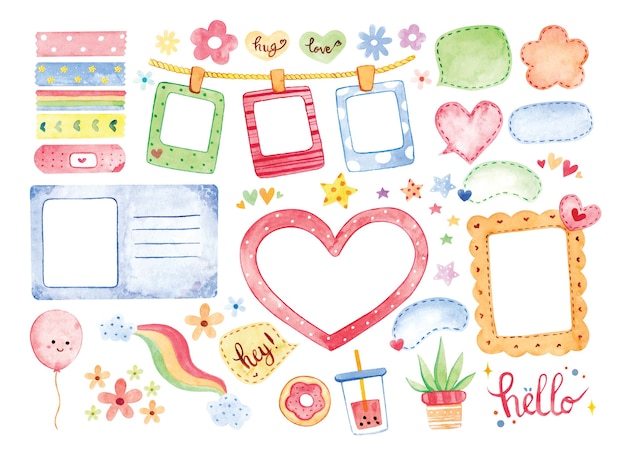 Hand drawn watercolor photo frame and cute scrapbook element  illustration