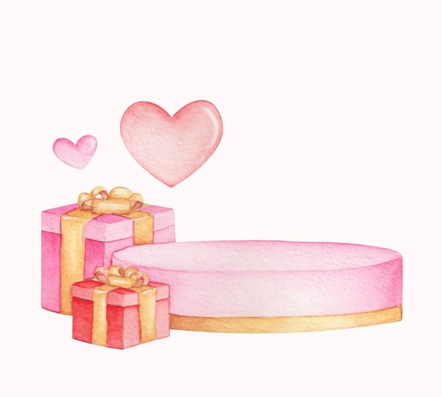 Free vector hand drawn watercolor podium for product placement in valentines day with decorations