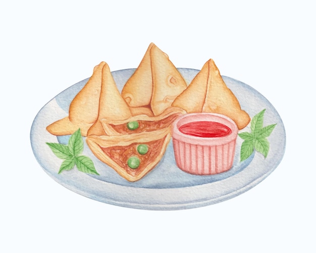 Hand drawn watercolor samosa delicious food set