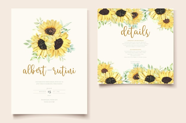 Hand drawn watercolor sunflower wedding card set