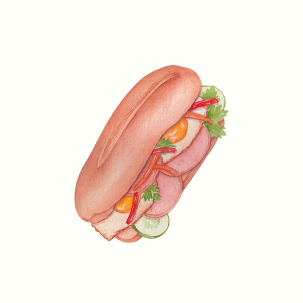 Vettore gratuito panino al prosciutto con formaggio tostato acquerello disegnato a mano