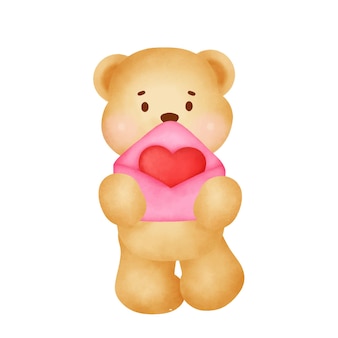 귀여운 곰과 함께 손으로 그린 수채화 발렌타인 데이