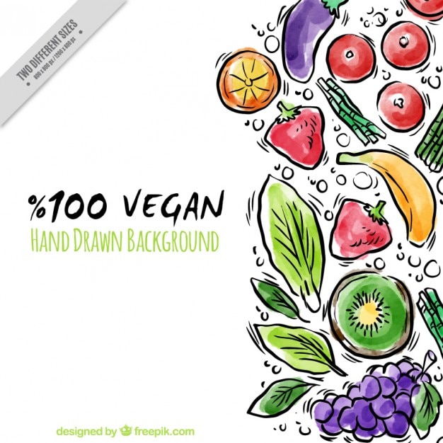 Hand drawn watercolor vegan food background