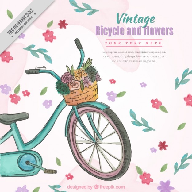 꽃 배경으로 손으로 그린 수채화 빈티지 자전거