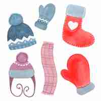 Free vector hand drawn watercolor winter clothing hat, scarf, sock and mitten isolated on white