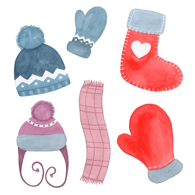 손으로 그린 수채화 겨울 의류 모자, 스카프, 양말 및 벙어리 장갑 흰색 절연