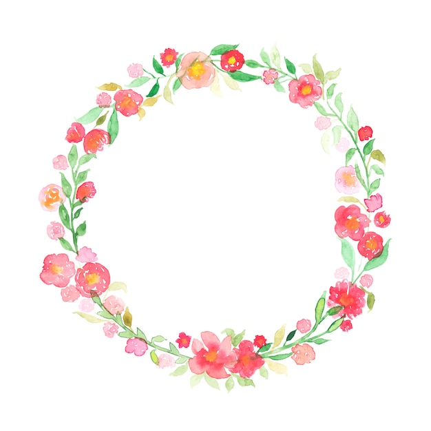 Hand drawn watercolor wreath with abstract flowers and leaves isolated on a white