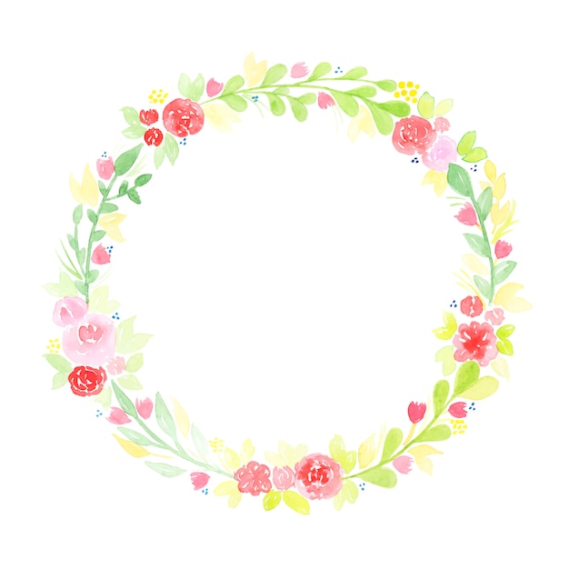 Hand drawn watercolor wreath with abstract flowers and leaves isolated on a white