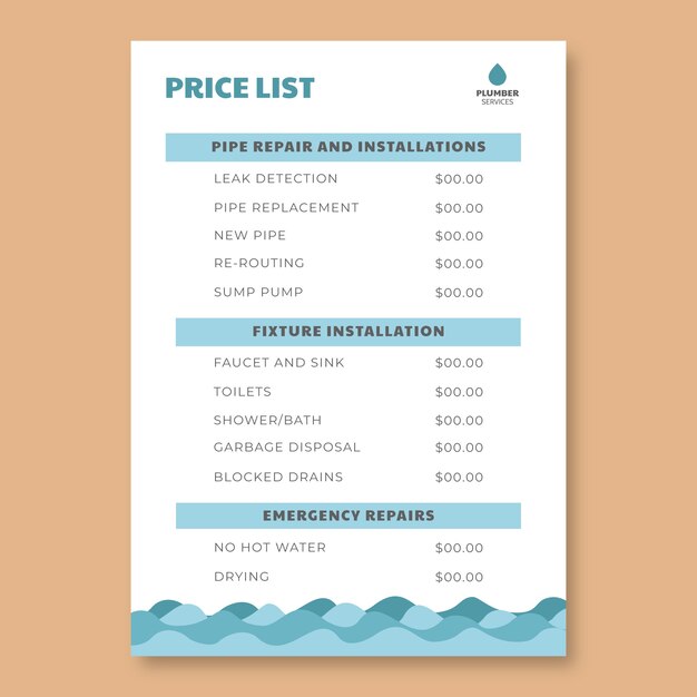 Hand drawn waves plumber services price list
